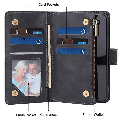 Wallet Case Compatible with iPhone 12/12 Pro (6.1 inch), Premium PU Leather Zipper Flip Folio Wallet with Wrist Strap Magnetic Closure Built - in Kickstand Protective Case - Black - Krosscanada