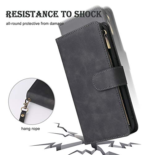 Wallet Case Compatible with iPhone 12/12 Pro (6.1 inch), Premium PU Leather Zipper Flip Folio Wallet with Wrist Strap Magnetic Closure Built - in Kickstand Protective Case - Black - Krosscanada
