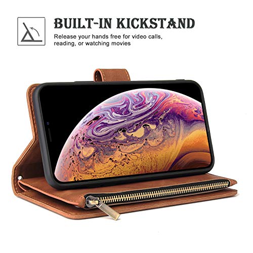 Wallet Case Compatible with iPhone 12/12 Pro (6.1 inch), Premium PU Leather Zipper Flip Folio Wallet with Wrist Strap Magnetic Closure Built - in Kickstand Protective Case - Black - Krosscanada