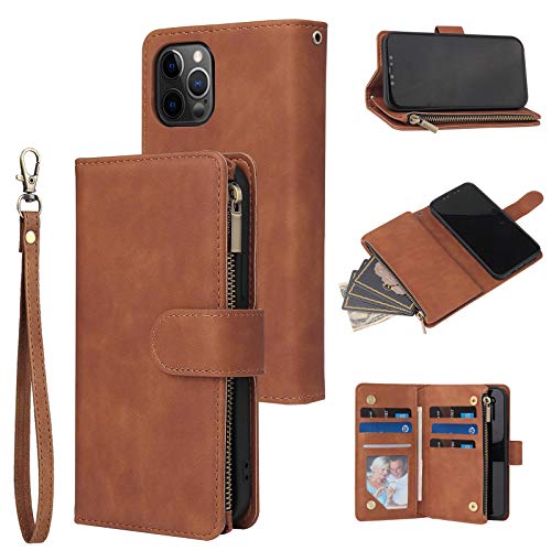 Wallet Case Compatible with iPhone 12/12 Pro (6.1 inch), Premium PU Leather Zipper Flip Folio Wallet with Wrist Strap Magnetic Closure Built - in Kickstand Protective Case - Black - Krosscanada