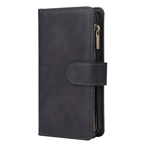 Wallet Case Compatible with iPhone 12/12 Pro (6.1 inch), Premium PU Leather Zipper Flip Folio Wallet with Wrist Strap Magnetic Closure Built - in Kickstand Protective Case - Black - Krosscanada