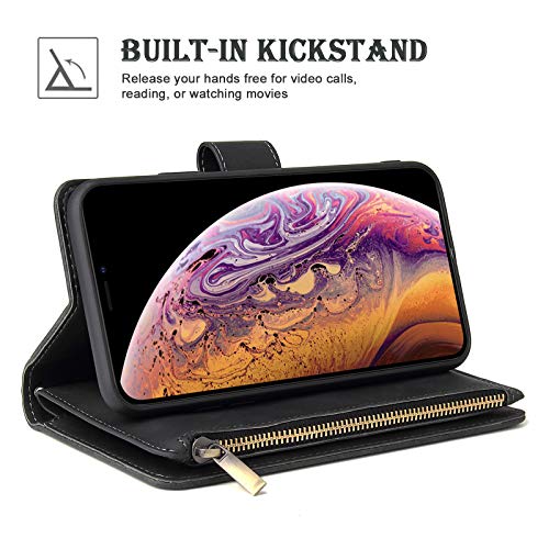 Wallet Case Compatible with iPhone 12/12 Pro (6.1 inch), Premium PU Leather Zipper Flip Folio Wallet with Wrist Strap Magnetic Closure Built - in Kickstand Protective Case - Black - Krosscanada