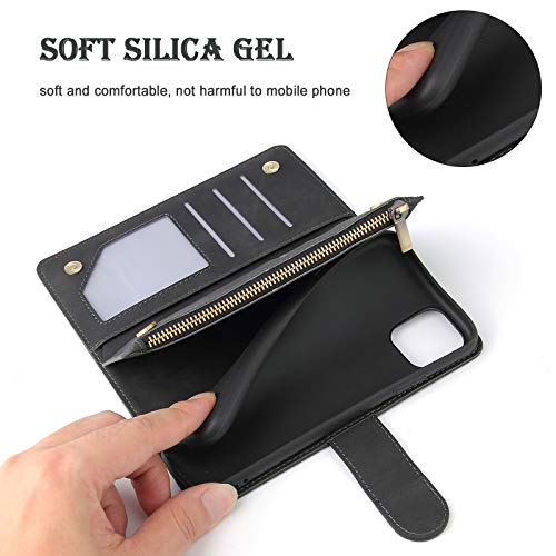Wallet Case Compatible with iPhone 12/12 Pro (6.1 inch), Premium PU Leather Zipper Flip Folio Wallet with Wrist Strap Magnetic Closure Built - in Kickstand Protective Case - Black - Krosscanada
