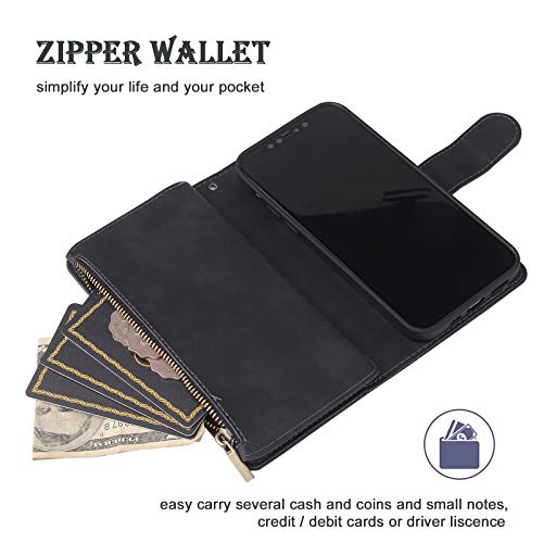 Wallet Case Compatible with iPhone 12/12 Pro (6.1 inch), Premium PU Leather Zipper Flip Folio Wallet with Wrist Strap Magnetic Closure Built - in Kickstand Protective Case - Black - Krosscanada