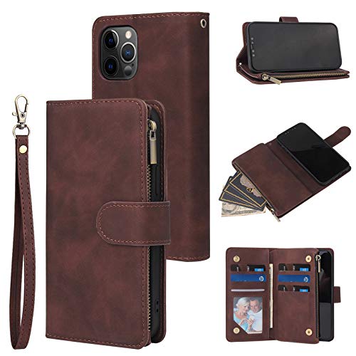 Wallet Case Compatible with iPhone 12/12 Pro (6.1 inch), Premium PU Leather Zipper Flip Folio Wallet with Wrist Strap Magnetic Closure Built - in Kickstand Protective Case - Black - Krosscanada