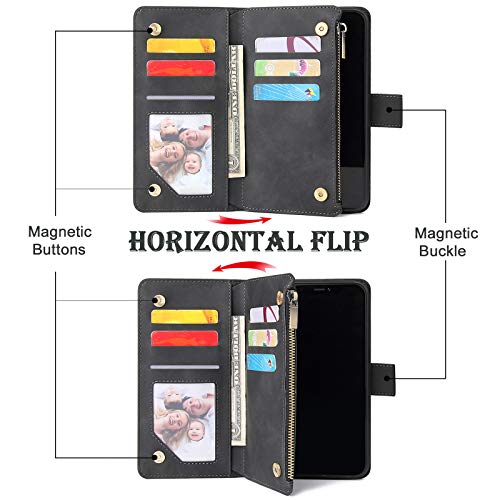 Wallet Case Compatible with iPhone 12/12 Pro (6.1 inch), Premium PU Leather Zipper Flip Folio Wallet with Wrist Strap Magnetic Closure Built - in Kickstand Protective Case - Black - Krosscanada