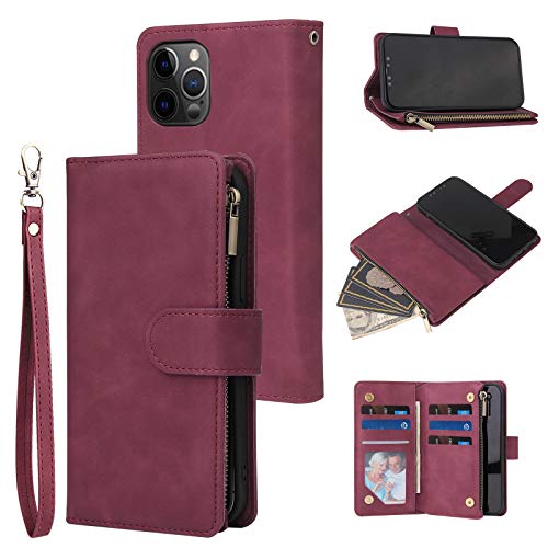 Wallet Case Compatible with iPhone 12/12 Pro (6.1 inch), Premium PU Leather Zipper Flip Folio Wallet with Wrist Strap Magnetic Closure Built - in Kickstand Protective Case - Black - Krosscanada