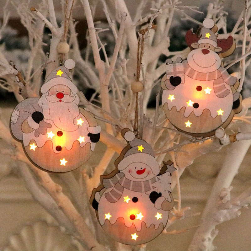 White Nordic Style Christmas Decoration Supplies Christmas Wooden Luminous Pendant - Krosscanada