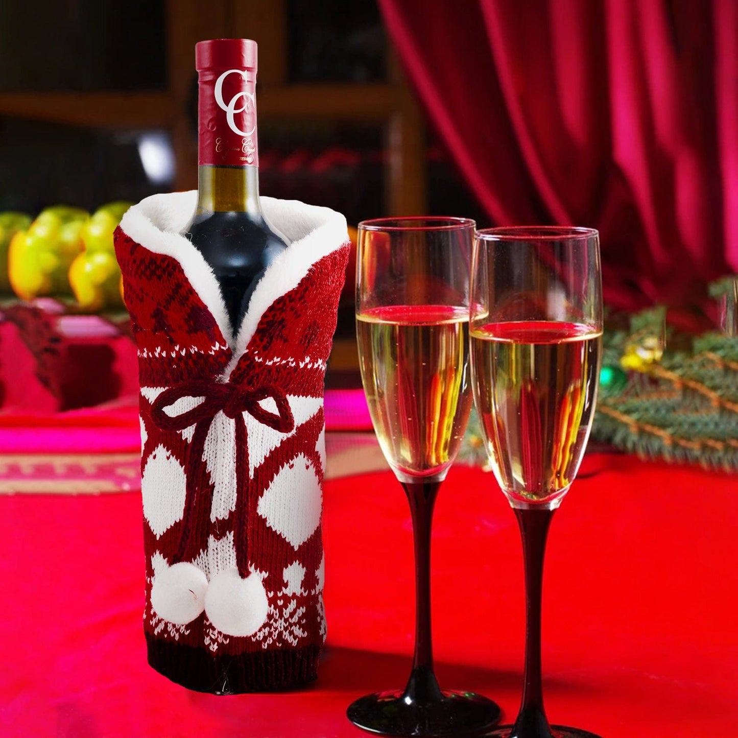 Wool Ball Knitted Red Wine Set For Christmas - Krosscanada