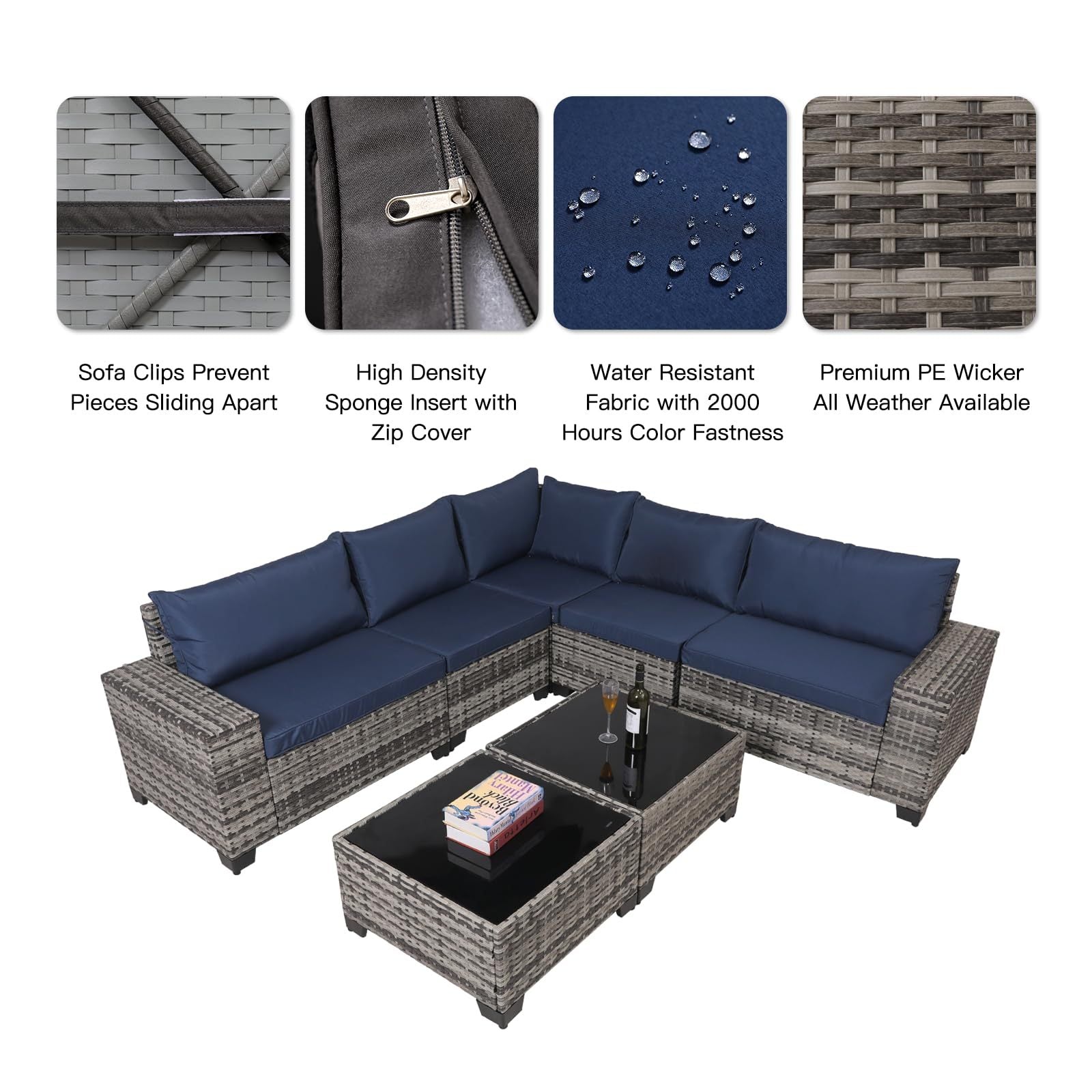 7 - Piece Outdoor Patio Furniture Sets, All - Weather Wicker Rattan Sectional Sofa, Modern Two Glass Coffee Table And Washable Seat Cushion - Krosscanada
