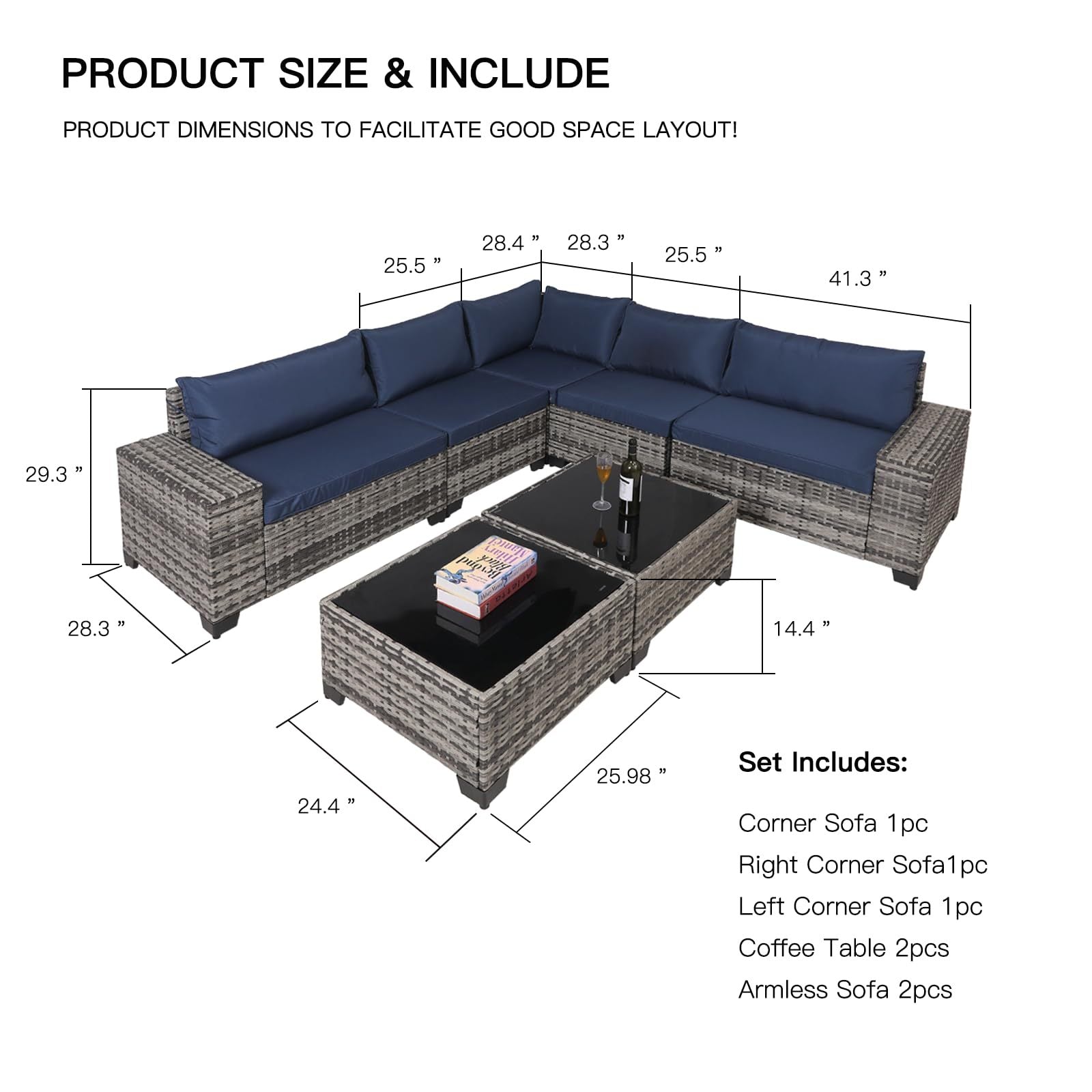 7 - Piece Outdoor Patio Furniture Sets, All - Weather Wicker Rattan Sectional Sofa, Modern Two Glass Coffee Table And Washable Seat Cushion - Krosscanada