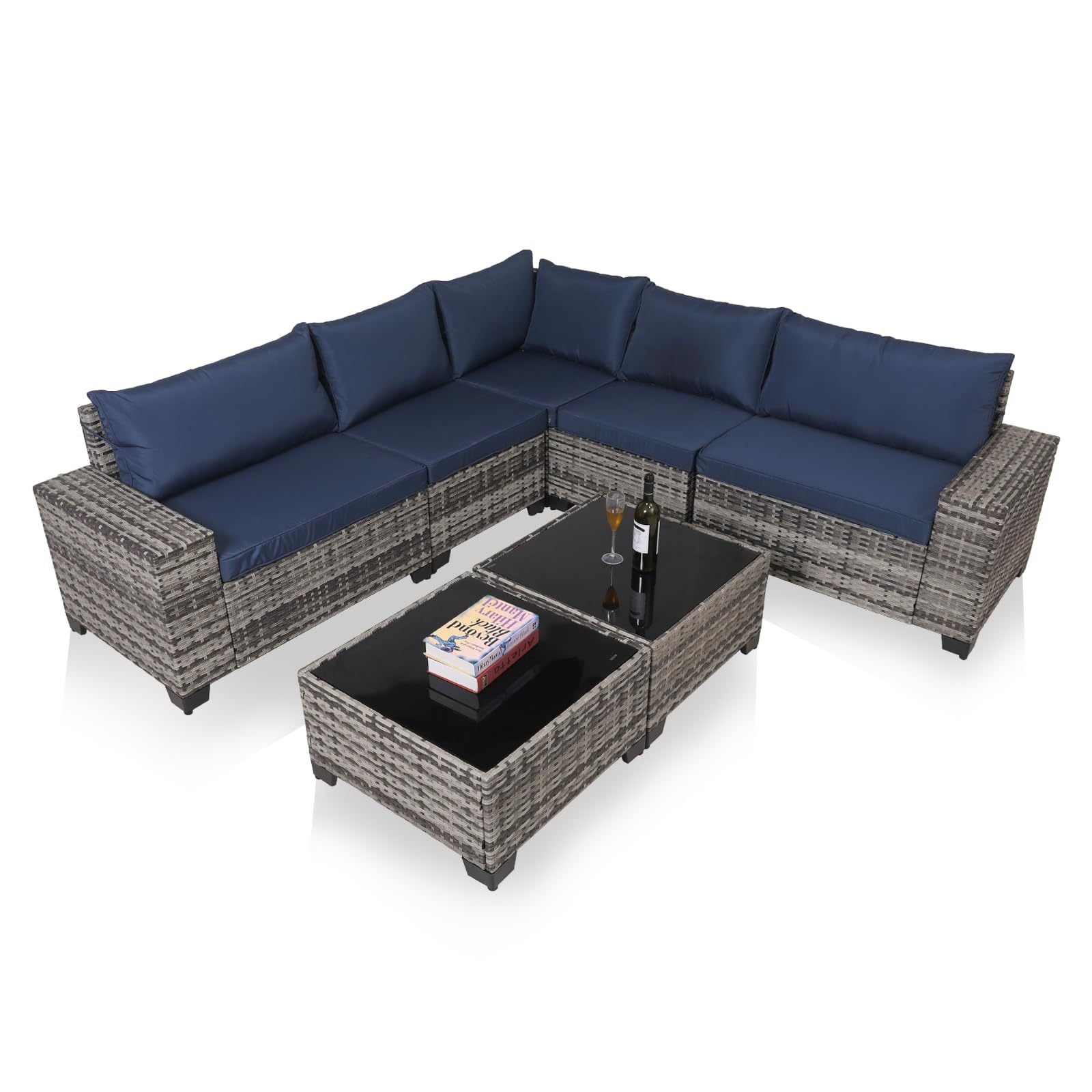 7 - Piece Outdoor Patio Furniture Sets, All - Weather Wicker Rattan Sectional Sofa, Modern Two Glass Coffee Table And Washable Seat Cushion - Krosscanada