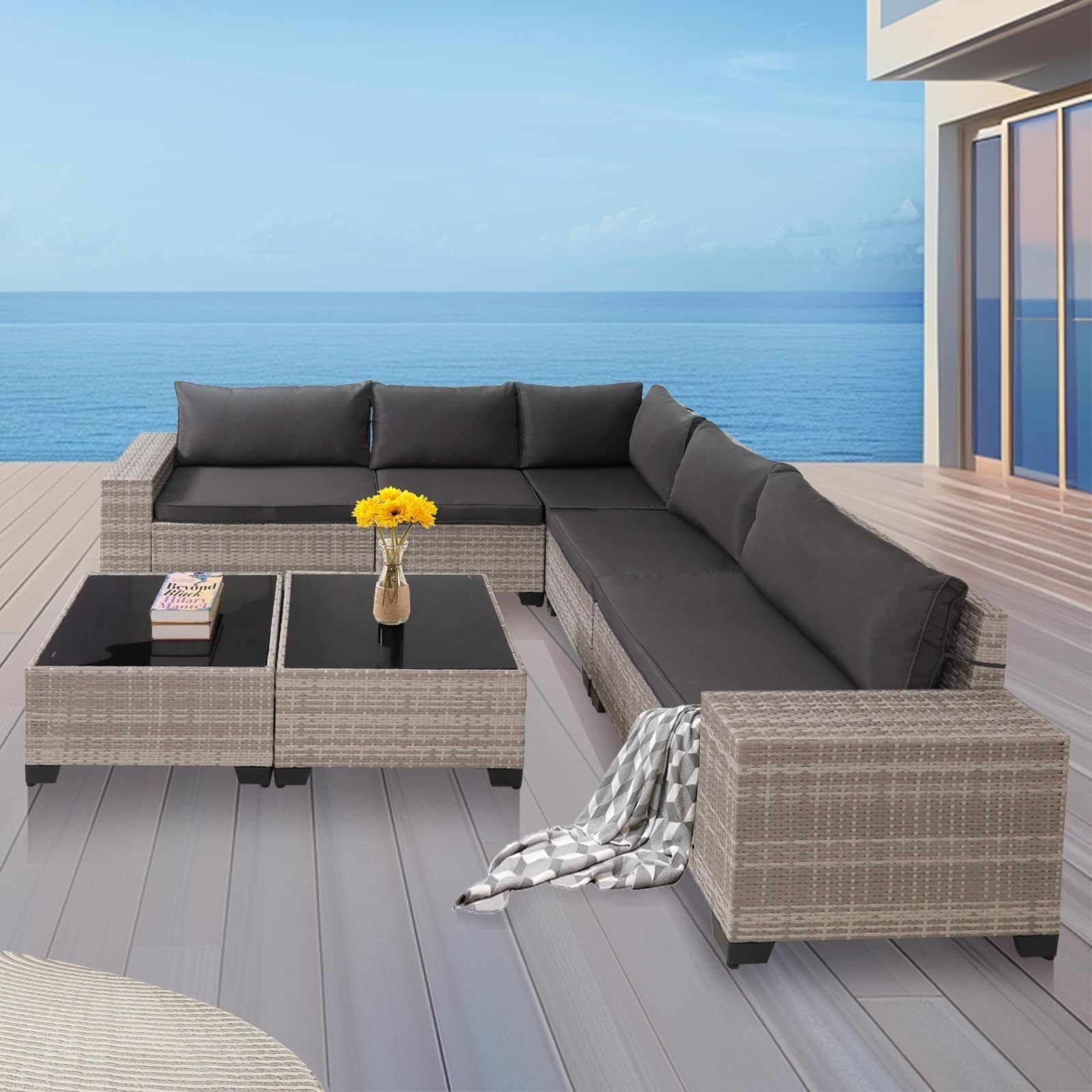 7 - Piece Outdoor Patio Furniture Sets, All - Weather Wicker Rattan Sectional Sofa, Modern Two Glass Coffee Table And Washable Seat Cushion - Krosscanada