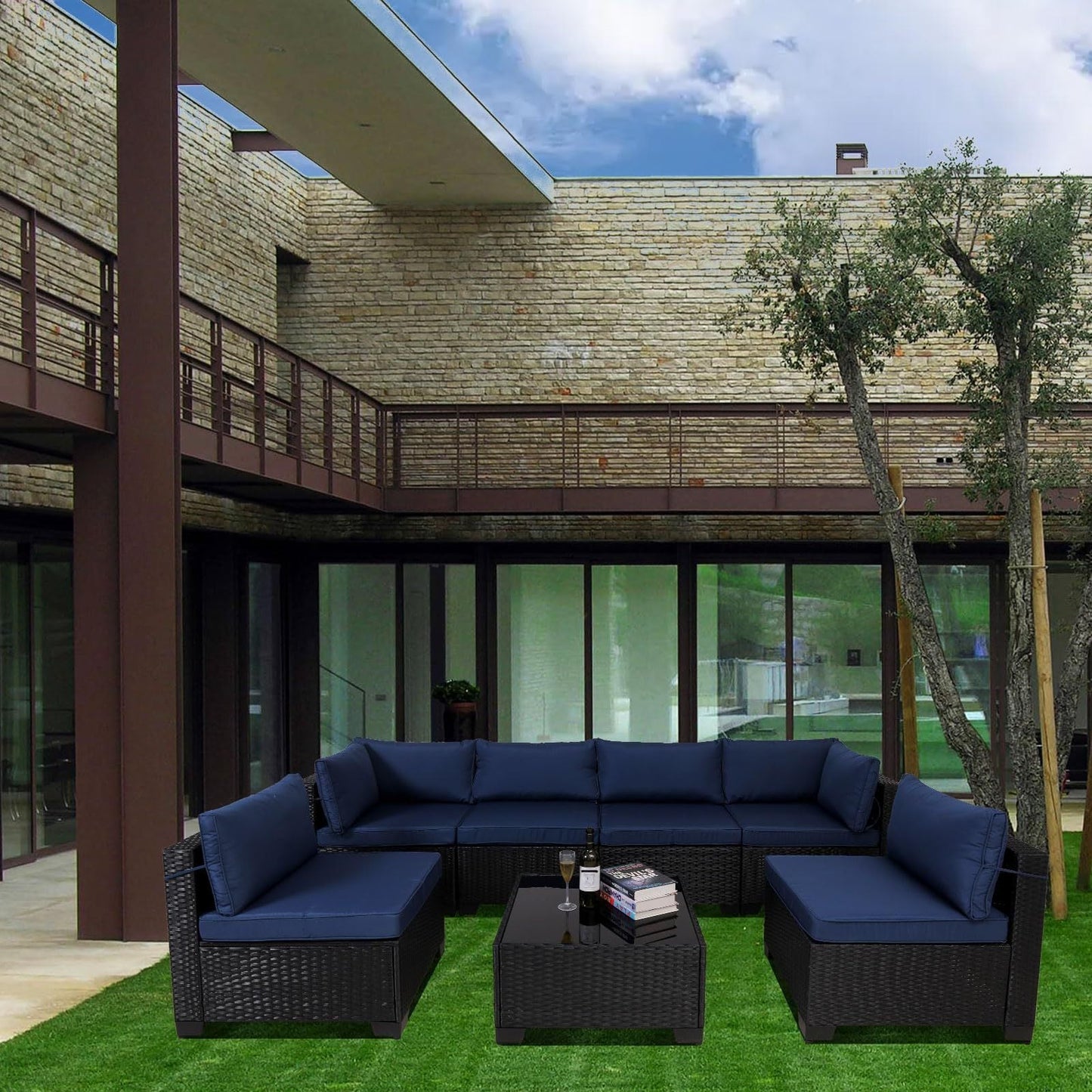7 Pieces Outdoor Rattan Patio Sectional Set, Black Wicker Furniture Conversation Sets With Washable Cushions & Glass Coffee Table For Garden, Poolside, Backyard - Krosscanada