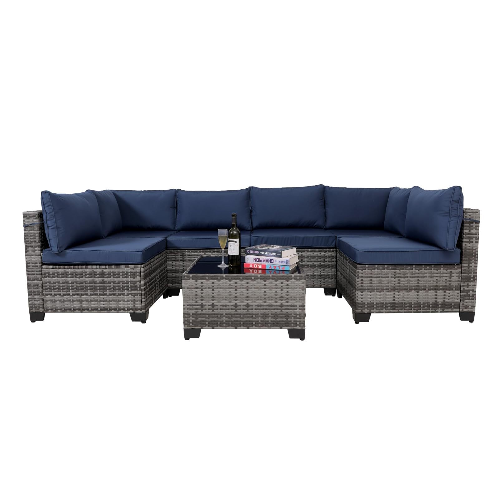 7 Pieces Outdoor Rattan Patio Sectional Set, Black Wicker Furniture Conversation Sets With Washable Cushions & Glass Coffee Table For Garden, Poolside, Backyard - Krosscanada