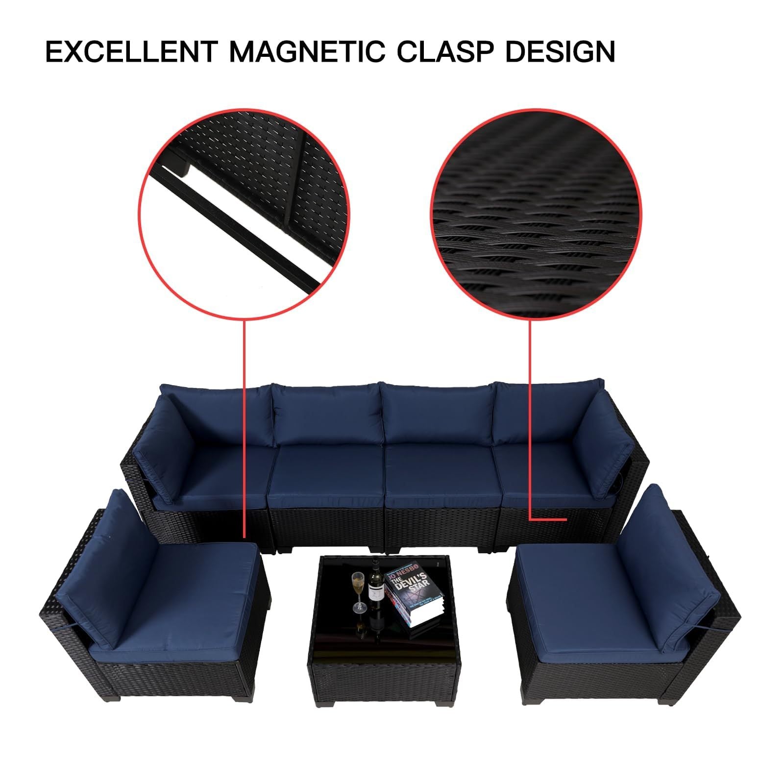 7 Pieces Outdoor Rattan Patio Sectional Set, Black Wicker Furniture Conversation Sets With Washable Cushions & Glass Coffee Table For Garden, Poolside, Backyard - Krosscanada