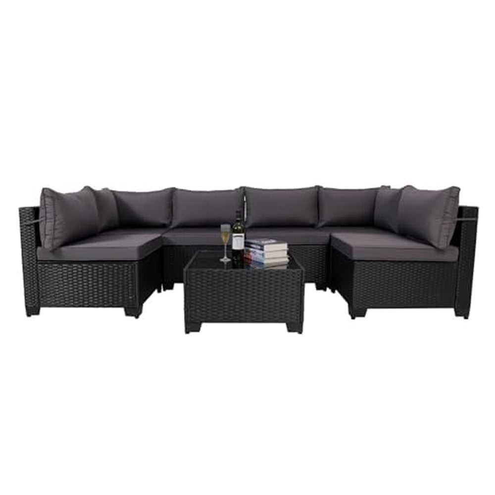 7 Pieces Outdoor Rattan Patio Sectional Set, Black Wicker Furniture Conversation Sets With Washable Cushions & Glass Coffee Table For Garden, Poolside, Backyard - Krosscanada