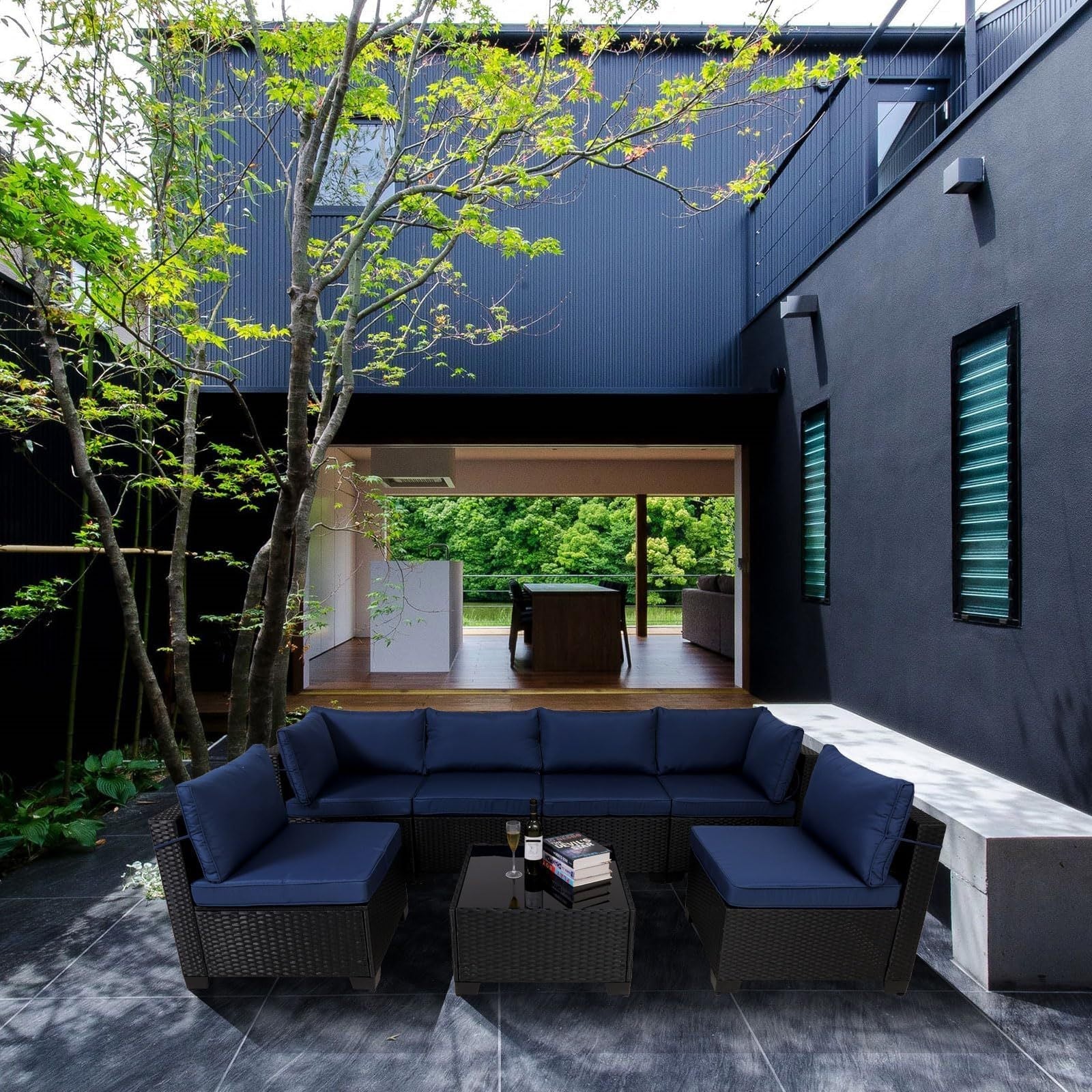 7 Pieces Outdoor Rattan Patio Sectional Set, Black Wicker Furniture Conversation Sets With Washable Cushions & Glass Coffee Table For Garden, Poolside, Backyard - Krosscanada