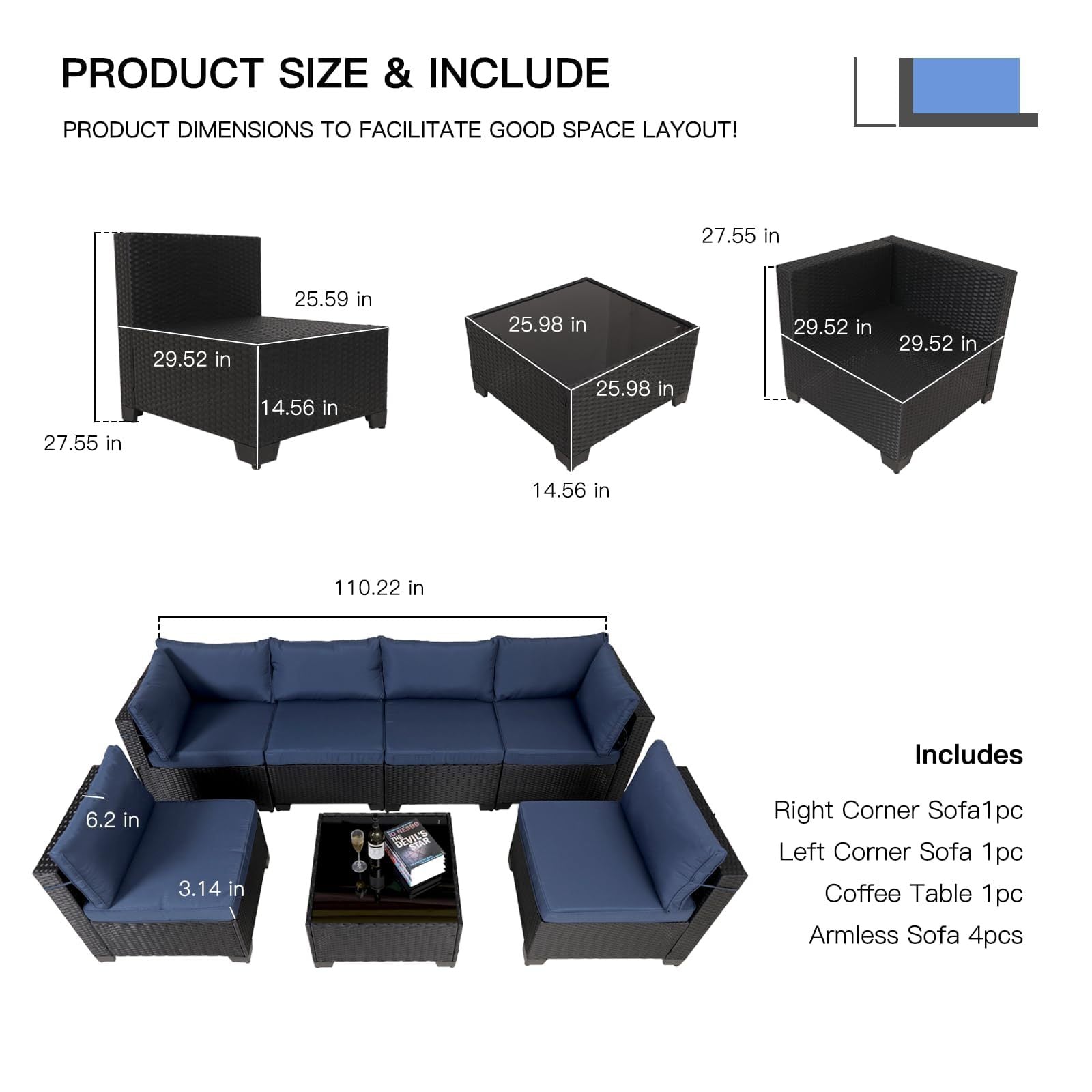 7 Pieces Outdoor Rattan Patio Sectional Set, Black Wicker Furniture Conversation Sets With Washable Cushions & Glass Coffee Table For Garden, Poolside, Backyard - Krosscanada