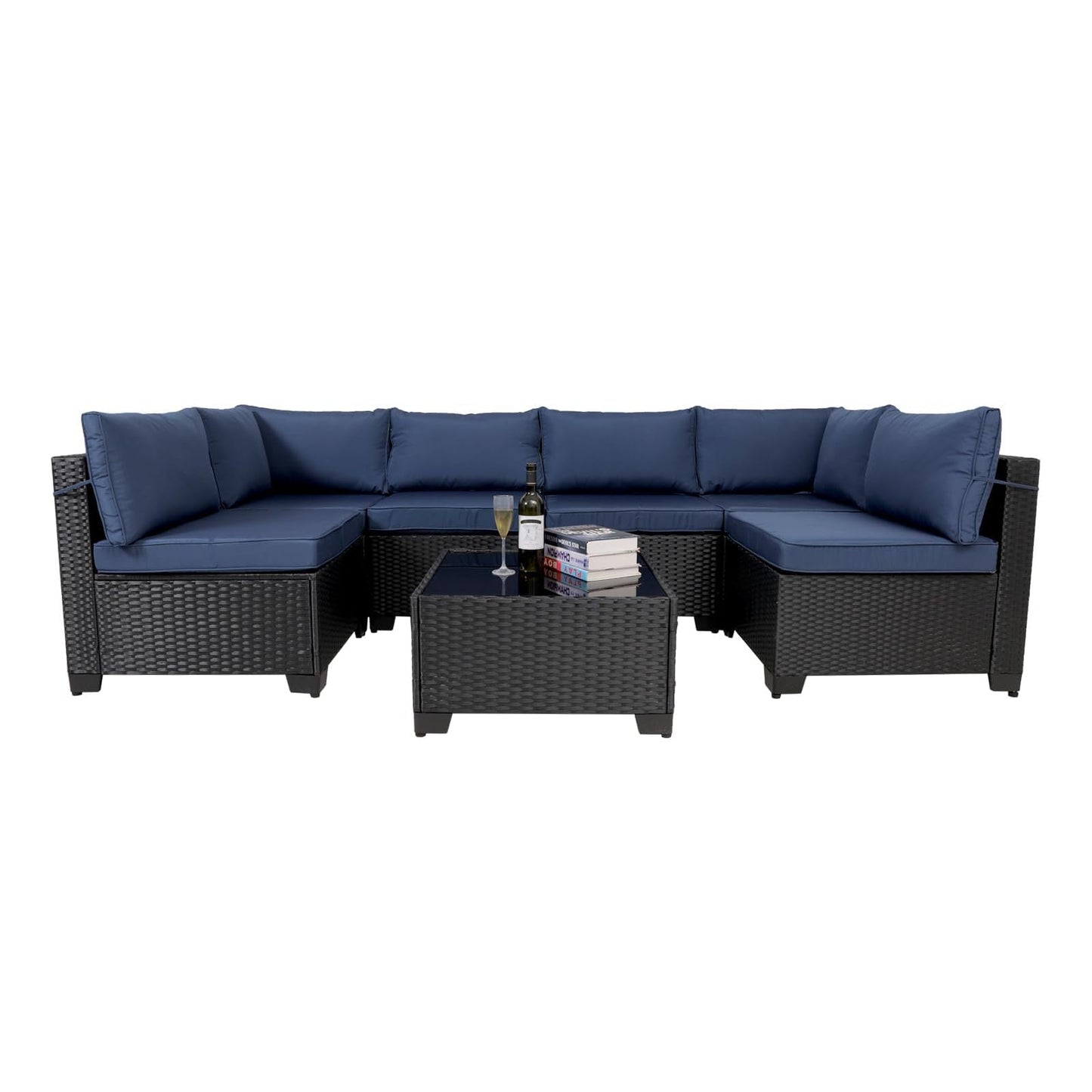 7 Pieces Outdoor Rattan Patio Sectional Set, Black Wicker Furniture Conversation Sets With Washable Cushions & Glass Coffee Table For Garden, Poolside, Backyard - Krosscanada