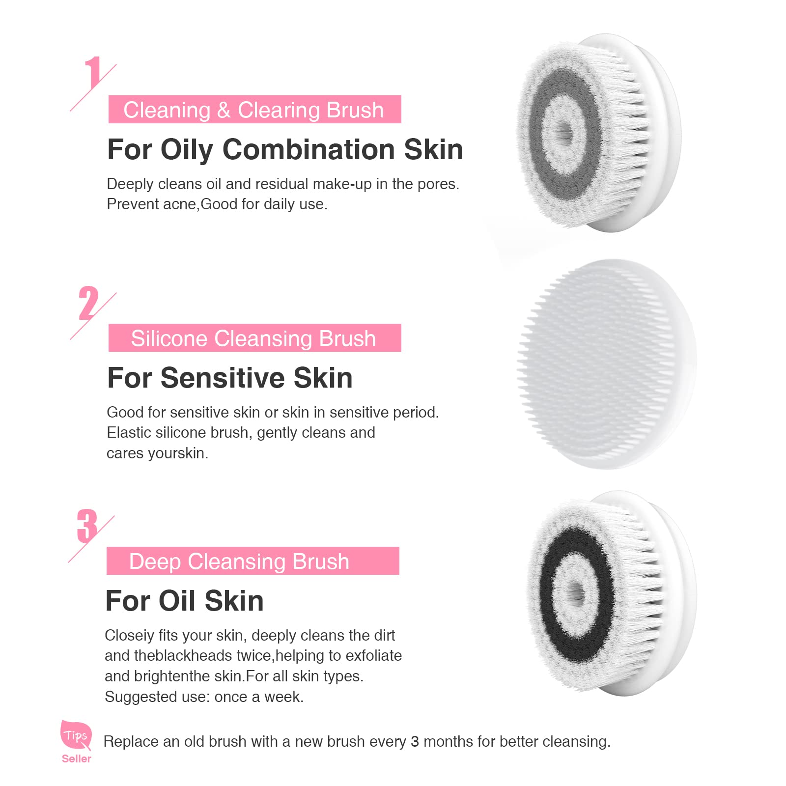Facial Cleansing Brush Electric Facial Exfoliating Massage Brush with 3 Cleanser Heads and 2 Speeds Adjustable for Deep Cleaning, Removing Blackhead, Face Massaging - Krosscanada