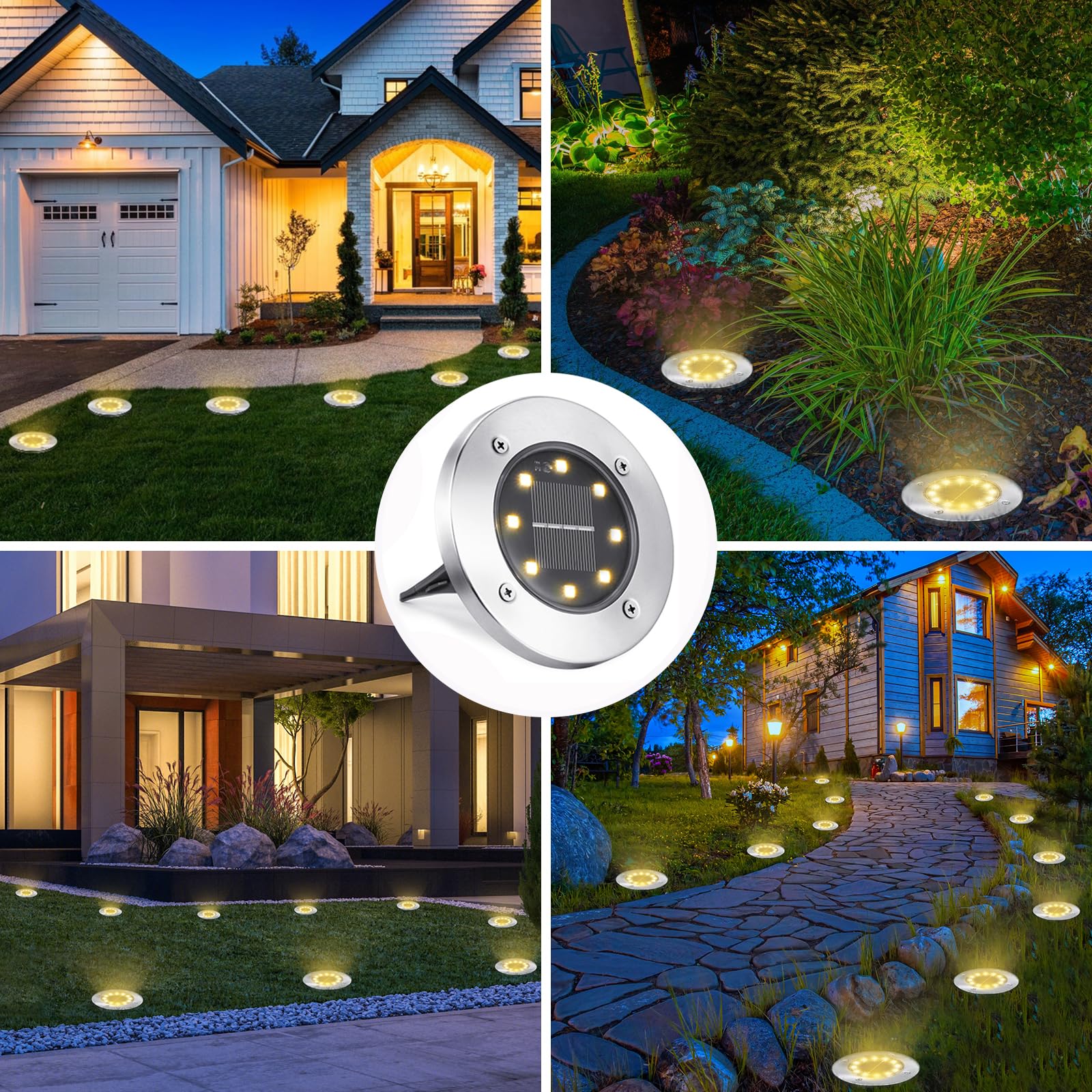 LYHOPE Solar Ground Lights Outdoor, 16 Pack 8 LED Solar Disk Lights Waterproof Garden In - ground Pathway Lights Landscape Lighting for Lawn,Yard,Deck,Patio,Walkway (White) - Krosscanada