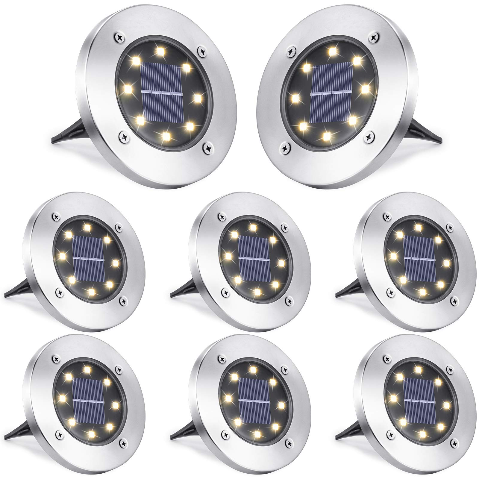 LYHOPE Solar Ground Lights Outdoor, 16 Pack 8 LED Solar Disk Lights Waterproof Garden In - ground Pathway Lights Landscape Lighting for Lawn,Yard,Deck,Patio,Walkway (White) - Krosscanada