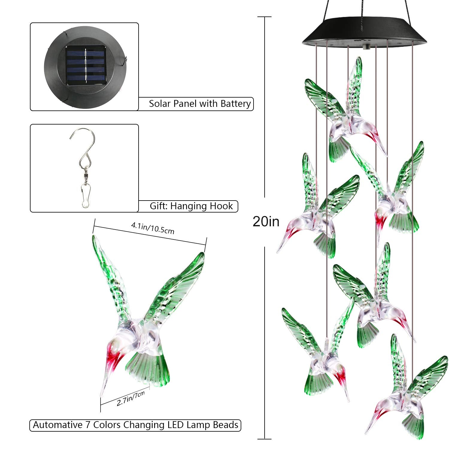 Toodour Solar Wind Chimes, Color Changing Solar Hummingbird Wind Chimes, LED Decorative Mobile, Waterproof Solar Lights Outdoor for Patio, Window, Garden Decor, for Mom/Grandma - Krosscanada