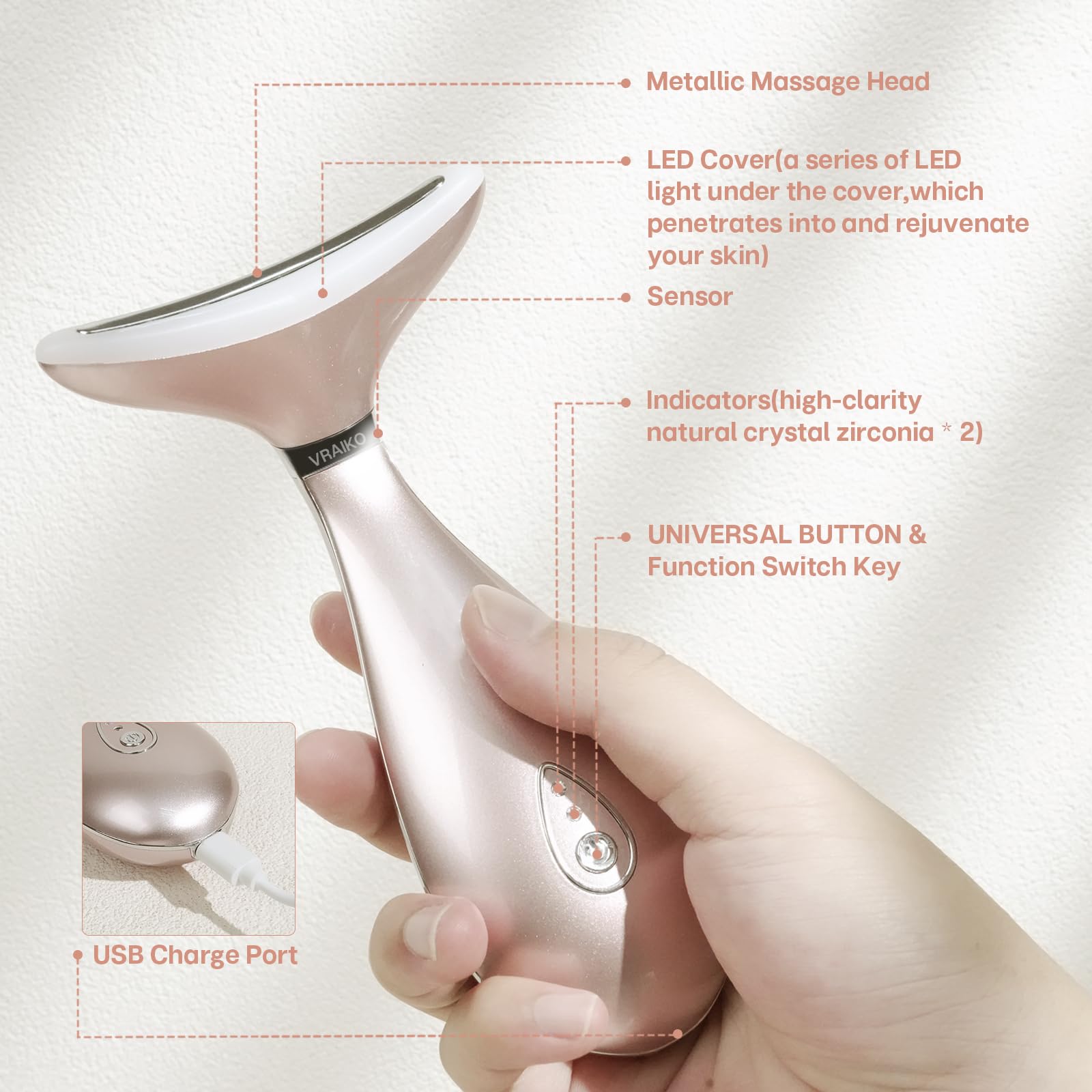 VRAIKO LILY Skin Rejuvenation Beauty Device, 3 - IN - 1 Neck Face Beauty Massager, At - home Facial Spa Tool and Microglow Handset (Pink) - Krosscanada