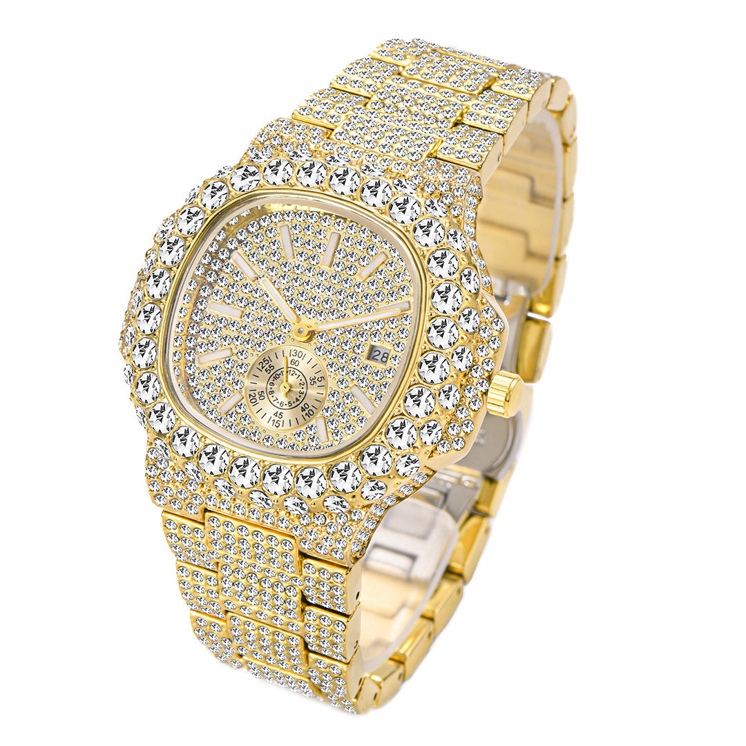 Full Diamond Hip Hop Calendar Luminous Quartz Waterproof Business Men's Gold Watch - KKscollecation