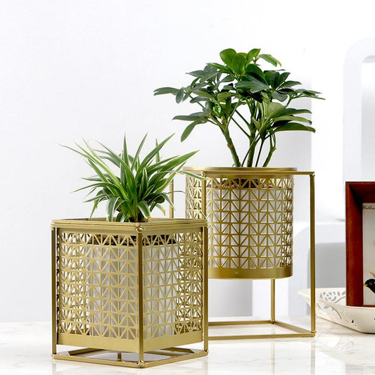 Gold Etched Metal Flower Pot - KKscollecation