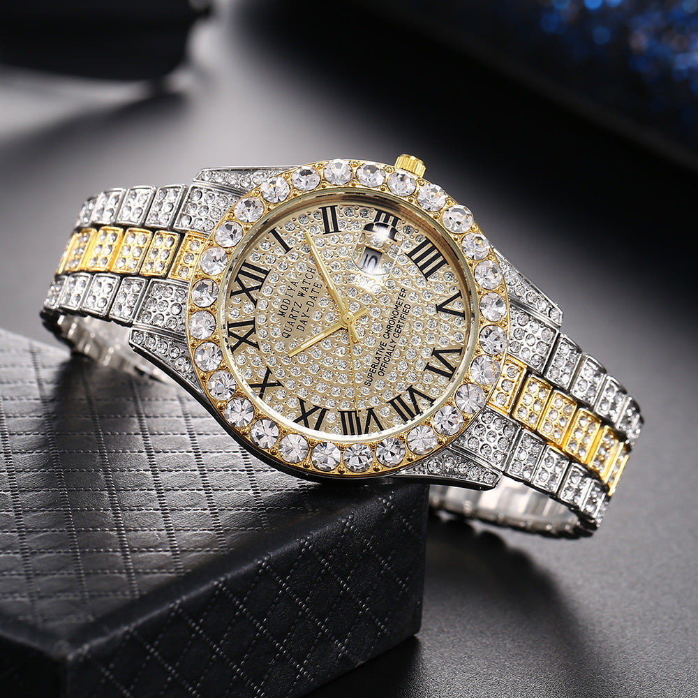 Full Diamond Face Roman Scale Steel Band Watch