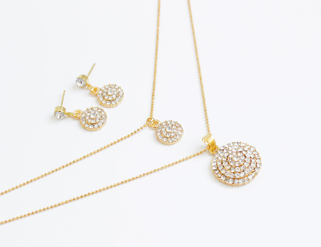 The bride jewelry two piece Necklace Earrings Set Round Diamond Jewelry Set Gold Jewellery Set - KKscollecation