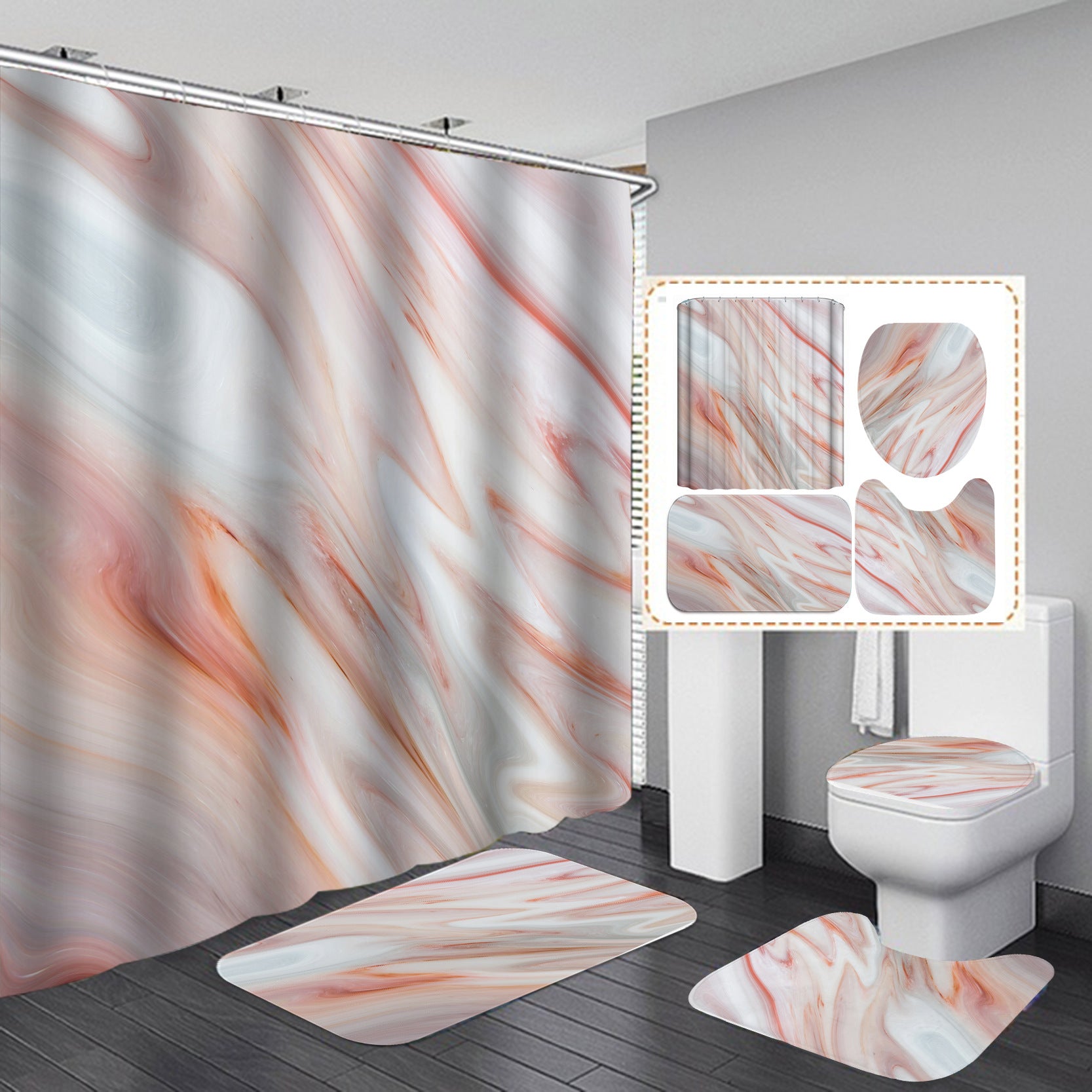 Marble White Shower Curtain Set With Non Slip Rug Bath Mat Carpet Modern Bathroom - KKscollecation