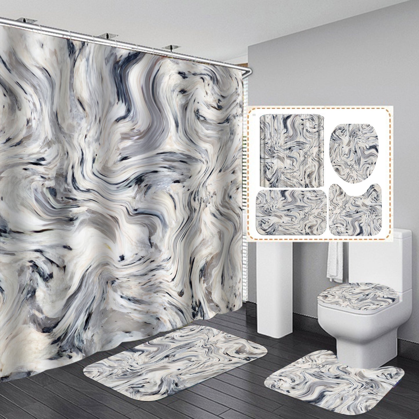 Marble White Shower Curtain Set With Non Slip Rug Bath Mat Carpet Modern Bathroom - KKscollecation