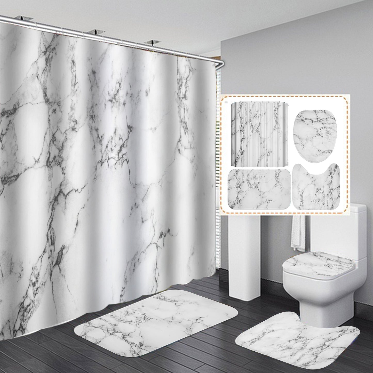 Marble White Shower Curtain Set With Non Slip Rug Bath Mat Carpet Modern Bathroom - KKscollecation