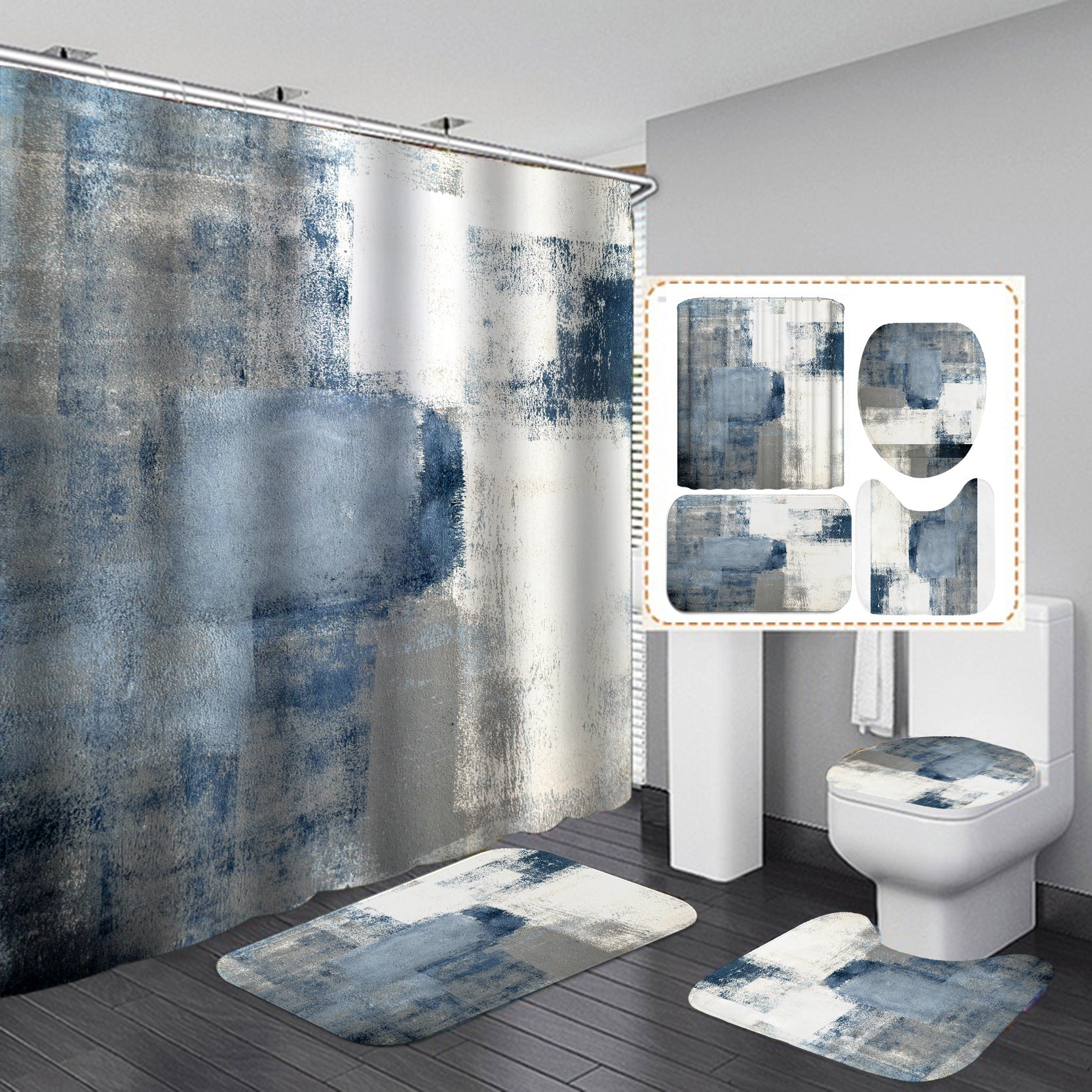 Marble White Shower Curtain Set With Non Slip Rug Bath Mat Carpet Modern Bathroom - KKscollecation