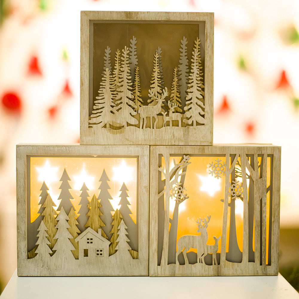 Christmas Decoration Ornaments Wooden Luminous Small Square Box - KKscollecation