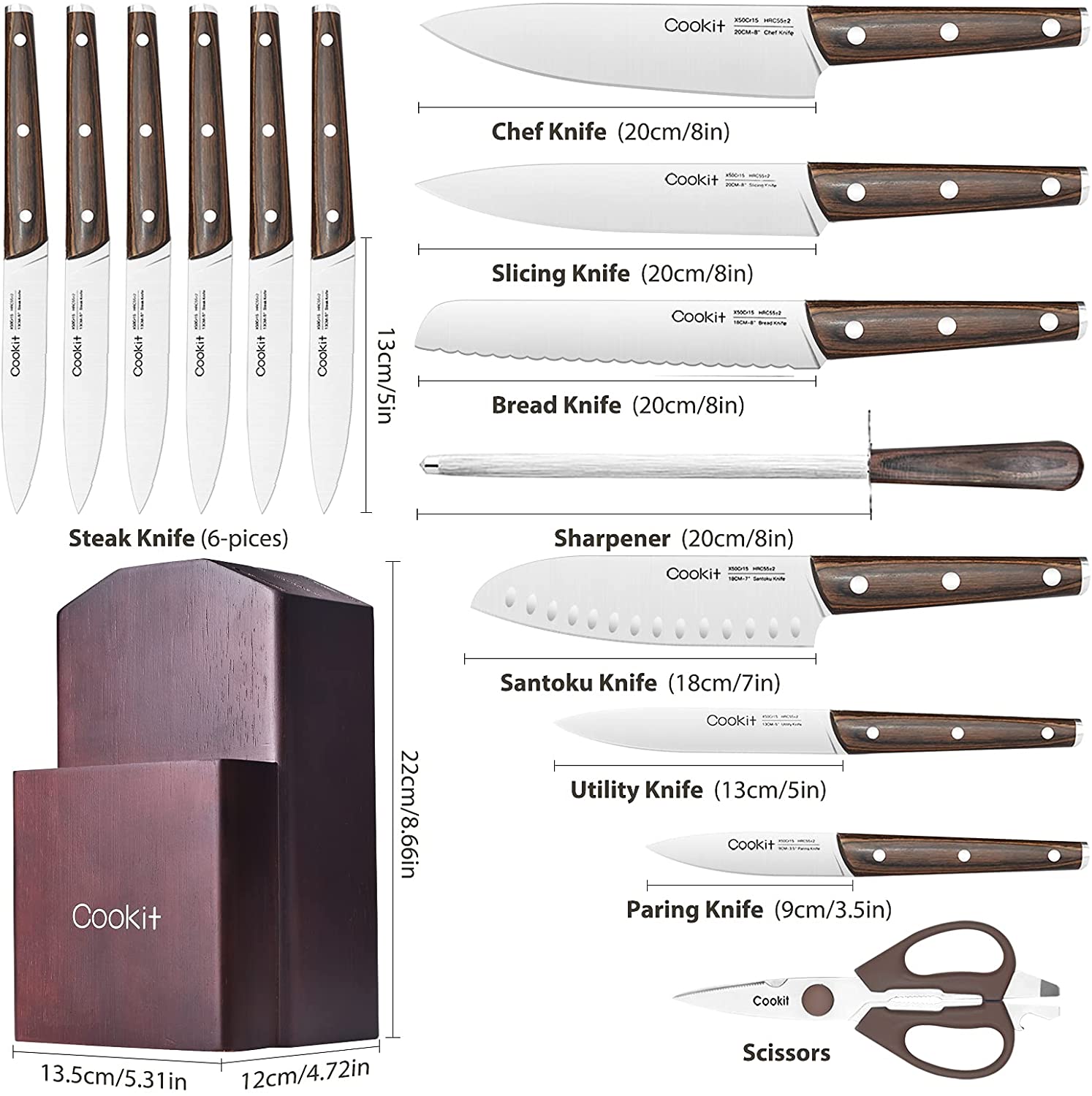 Kitchen Knife Sets, 15 Piece Knife Sets with Block for Kitchen Chef Knife Stainless Steel Knives Set Serrated Steak Knives with Manual Sharpener Knife Amazon Platform Banned - KKscollecation