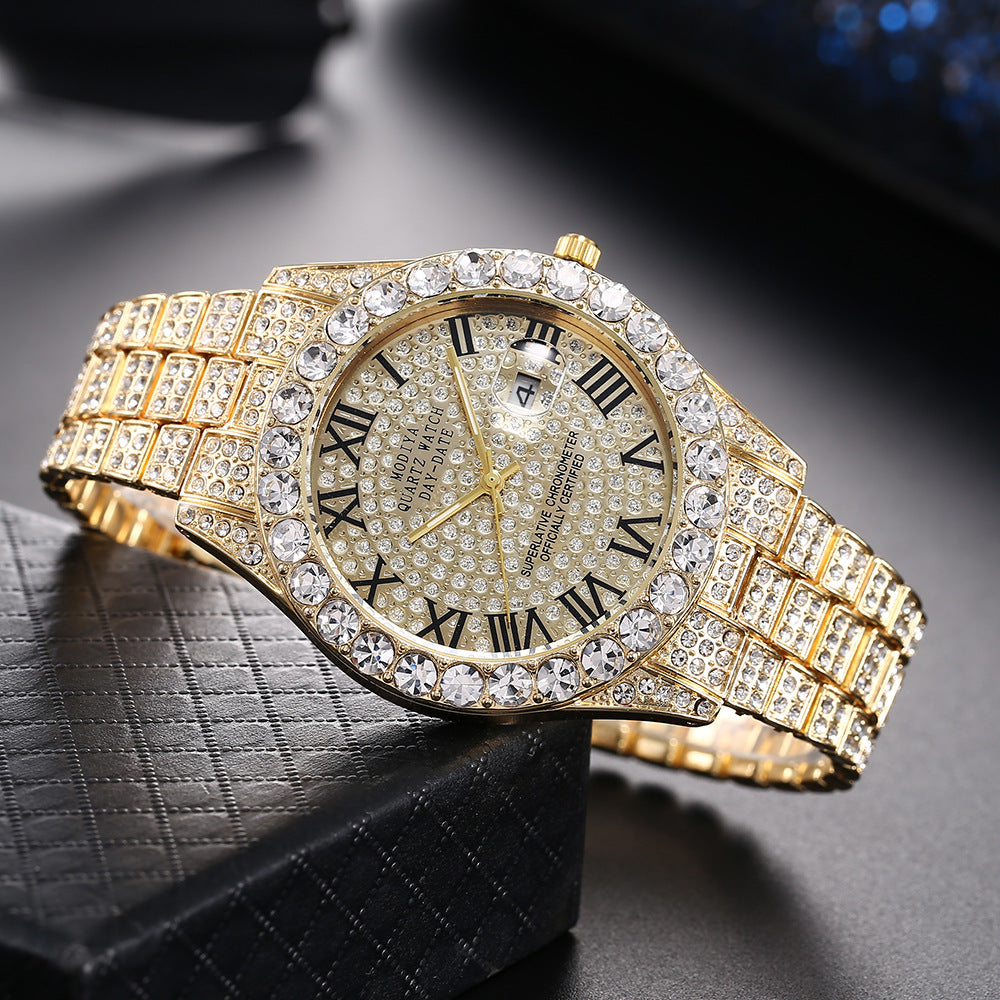 Full Diamond Face Roman Scale Steel Band Watch