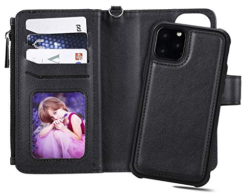 FLYEE Case Compatible with iPhone 12 Pro Max(6.7 inch,2020 Release),Wallet Case for Women and Girls with Card Holder,Detachable 2in1 Case Premium Leather Zipper Flip Case with Wrist Strap-Black - KKscollecation