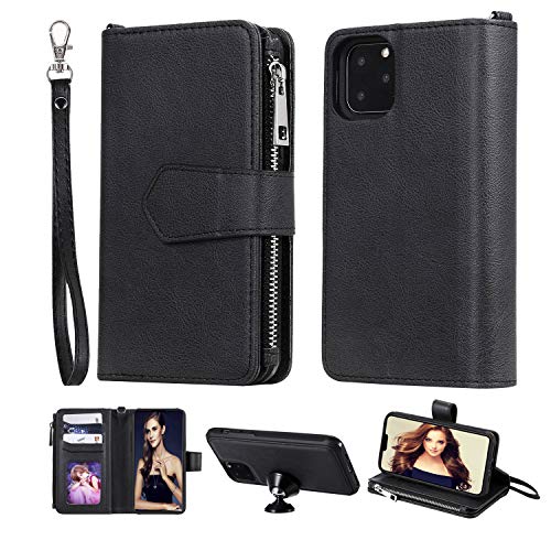 FLYEE Case Compatible with iPhone 12 Pro Max(6.7 inch,2020 Release),Wallet Case for Women and Girls with Card Holder,Detachable 2in1 Case Premium Leather Zipper Flip Case with Wrist Strap-Black - KKscollecation