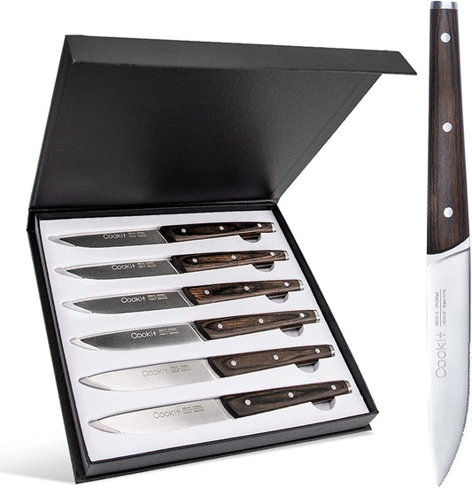 6Pcs Steak Knife Set Serrated Stainless Steel Utility with Wooden Handle for Home Dining Restaurant - Krosscanada