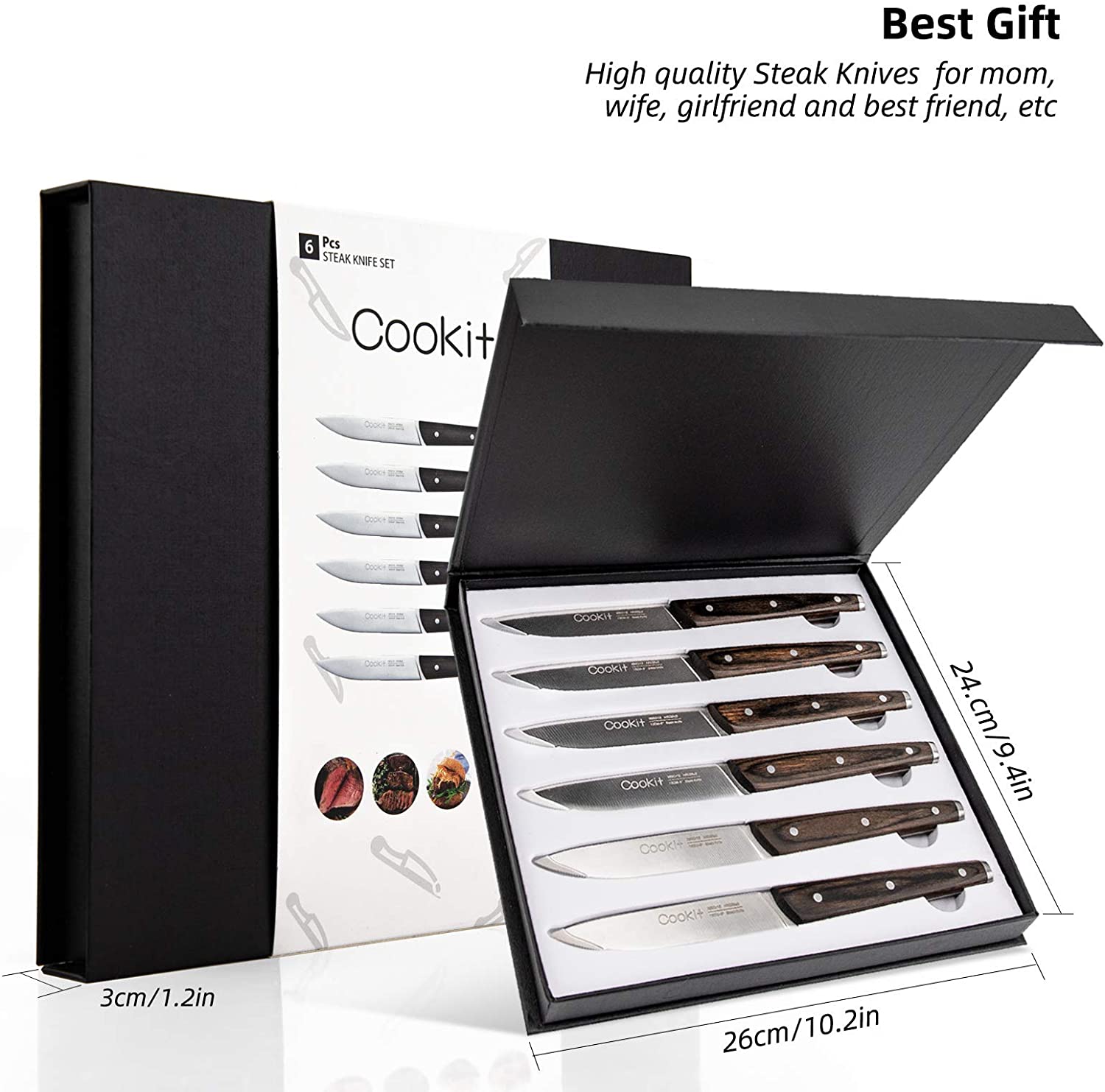 6Pcs Steak Knife Set Serrated Stainless Steel Utility with Wooden Handle for Home Dining Restaurant - Krosscanada