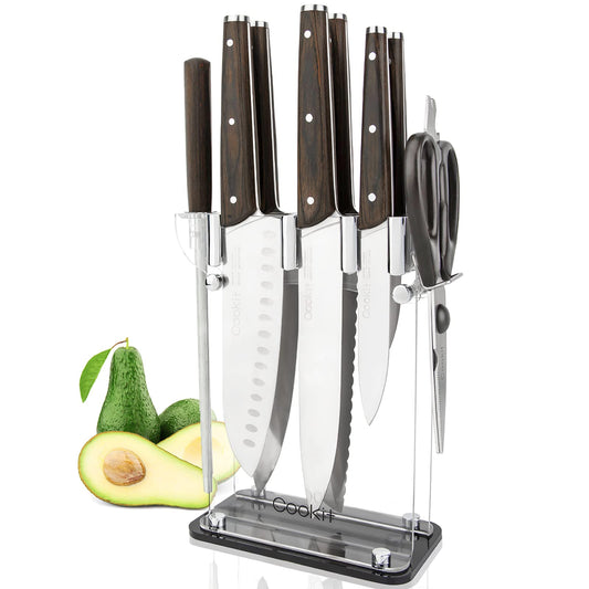 Knife Block with Knife, 9-Piece Kitchen Knife Set Sharp with Acrylic Block Holder, Wooden Handle with Manual Sharpener, Peeling Scissors - Best Cutlery Set Gift Amazon Platform Banned - KKscollecation