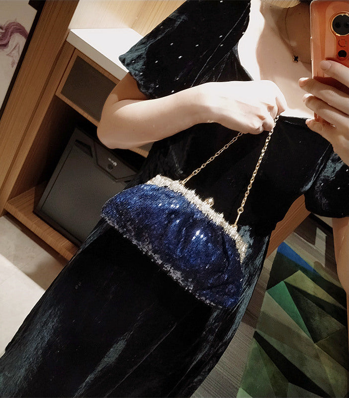 Female Blue Banquet Bag Chain Beads Handbag - KKscollecation