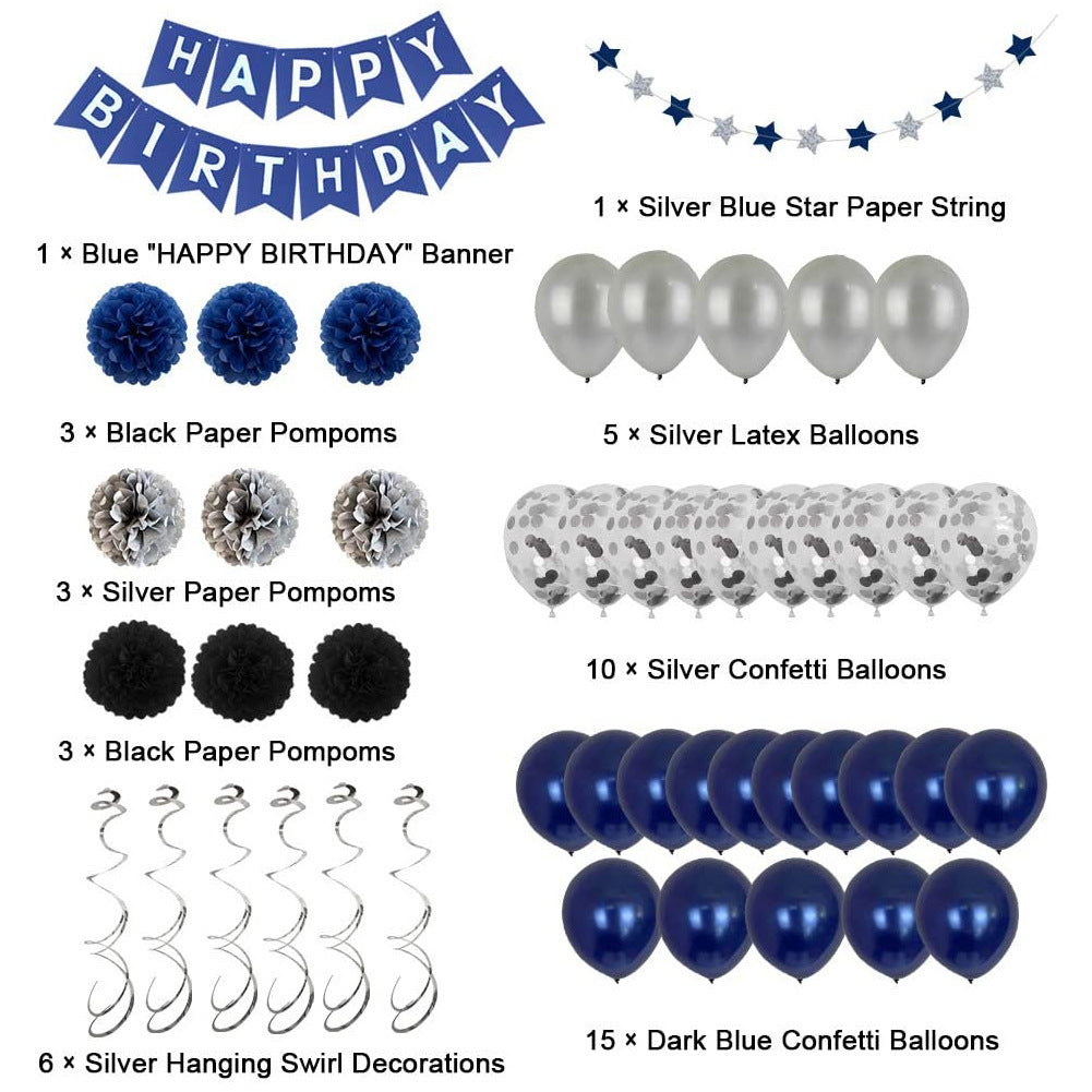 Navy Blue Birthday Pull Flag Night Blue Balloons Paper Flower Ball Decoration Set - KKscollecation