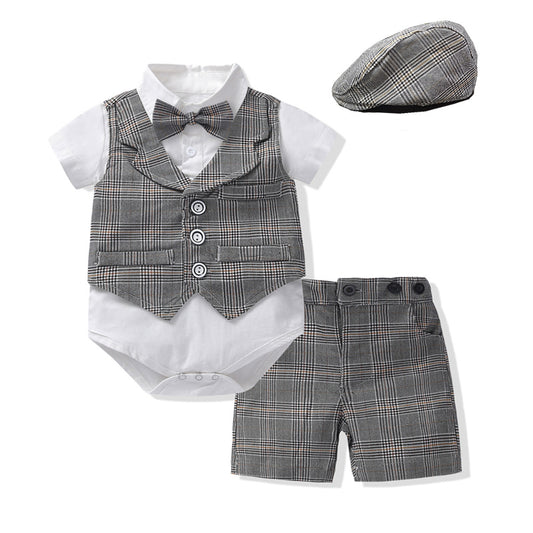 Baby Boy Gentleman Suit Romper Vest Shorts Bow Tie - KKscollecation