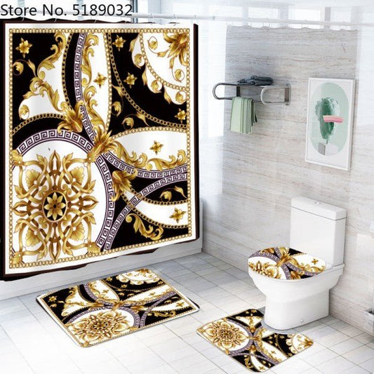 A Set Of 4 Hollow - Shaped Shower Curtains With Bath Mats Toilet Lids, Waterproof Floor Mats Retro Style Shower Curtains - Krosscanada