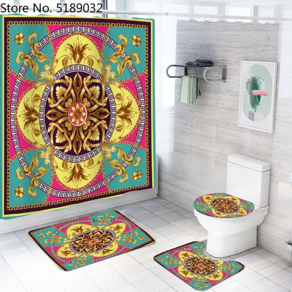 A Set Of 4 Hollow - Shaped Shower Curtains With Bath Mats Toilet Lids, Waterproof Floor Mats Retro Style Shower Curtains - Krosscanada